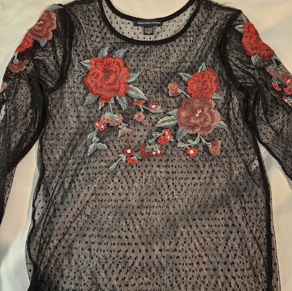 American Eagle Outfitters Tops - American Eagle Outfitters. Black Mesh Top with Red Floral Embroidery